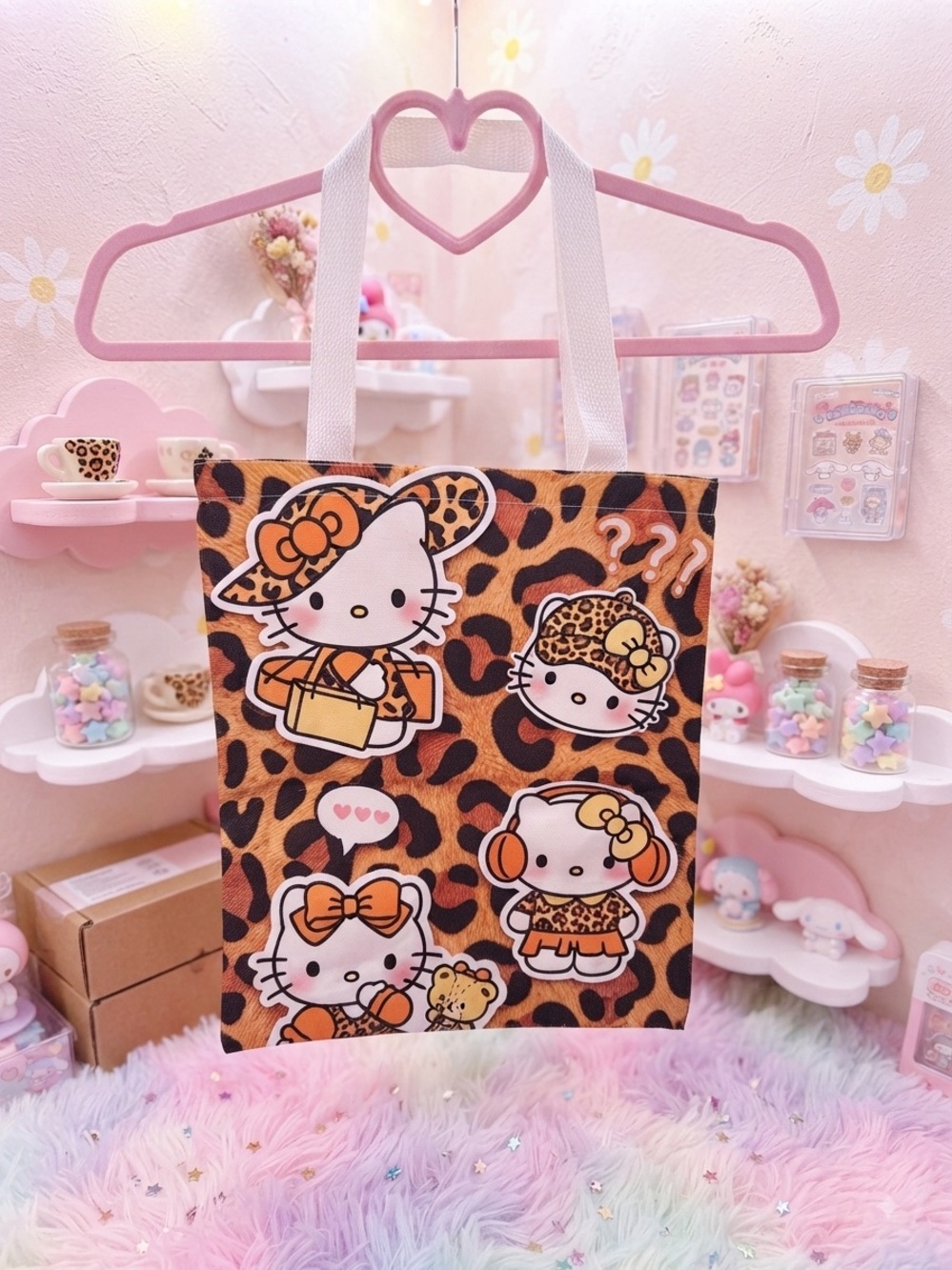 Hello Kitty Leopard Print Kids Tote Bag - Orange, Black, White